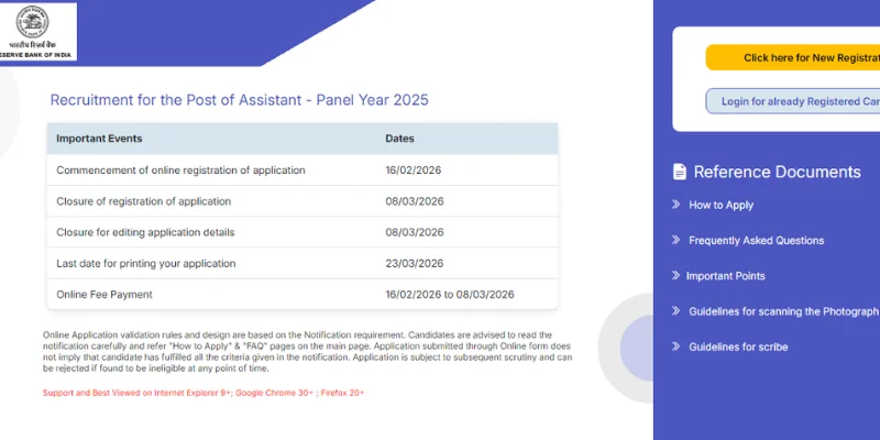 RBI Assistant Recruitment 2026 Registration and Login Link